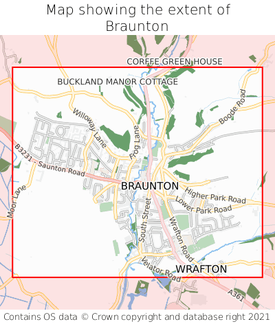 Map showing extent of Braunton as bounding box