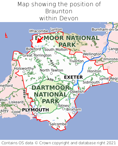 Map showing location of Braunton within Devon