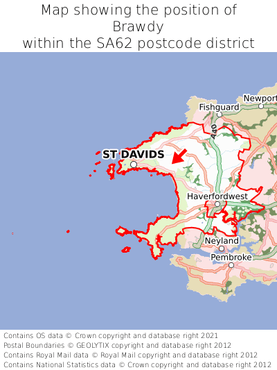 Map showing location of Brawdy within SA62