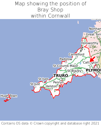 Map showing location of Bray Shop within Cornwall