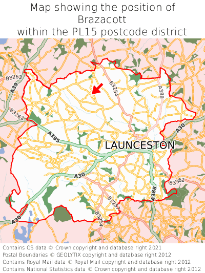 Map showing location of Brazacott within PL15