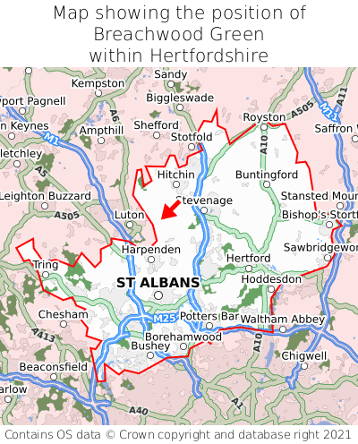 Map showing location of Breachwood Green within Hertfordshire