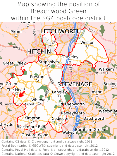 Map showing location of Breachwood Green within SG4