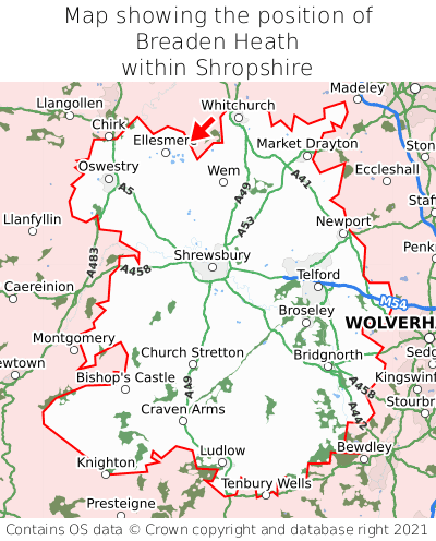 Map showing location of Breaden Heath within Shropshire