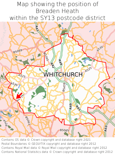 Map showing location of Breaden Heath within SY13