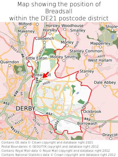 Map showing location of Breadsall within DE21