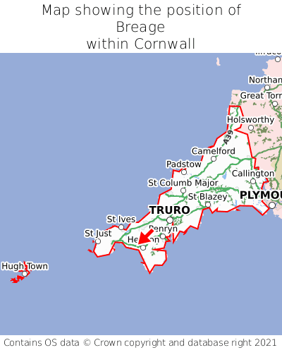 Map showing location of Breage within Cornwall