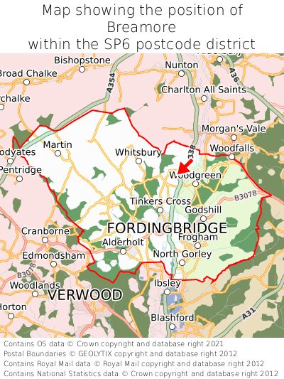 Map showing location of Breamore within SP6