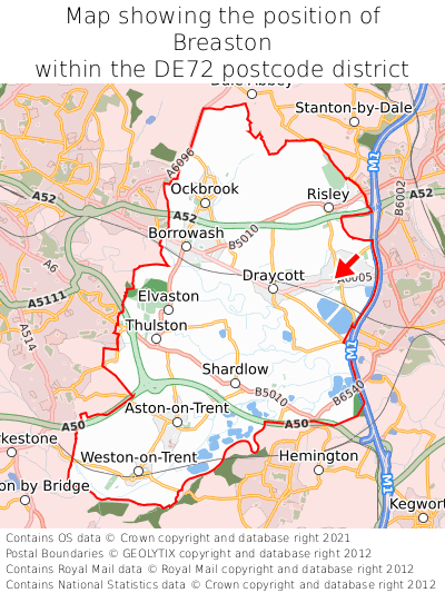 Map showing location of Breaston within DE72