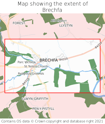 Map showing extent of Brechfa as bounding box