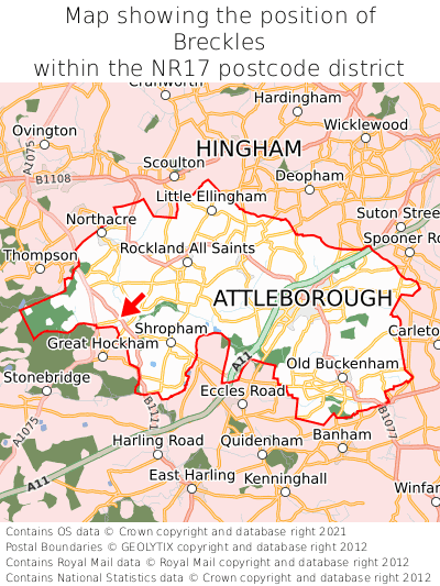 Map showing location of Breckles within NR17