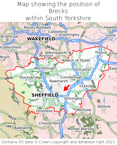 Map showing location of Brecks within South Yorkshire