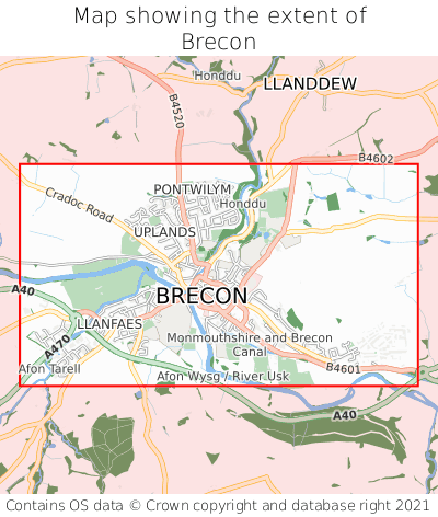 Map showing extent of Brecon as bounding box