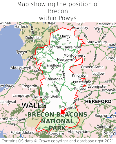 Map showing location of Brecon within Powys