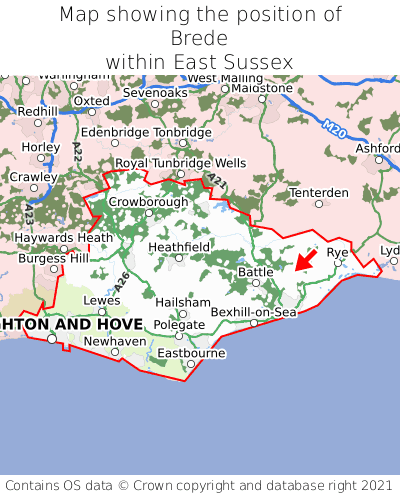 Map showing location of Brede within East Sussex