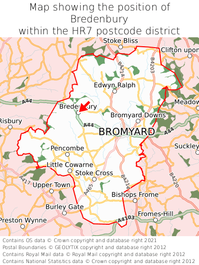 Map showing location of Bredenbury within HR7
