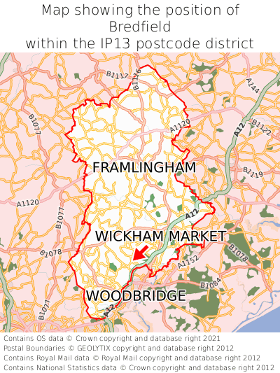 Map showing location of Bredfield within IP13