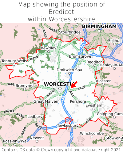Map showing location of Bredicot within Worcestershire