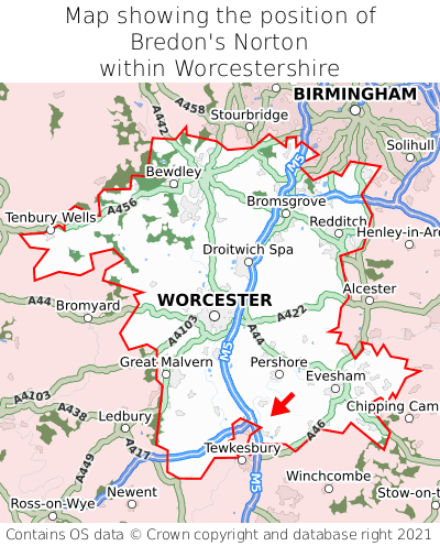 Map showing location of Bredon's Norton within Worcestershire