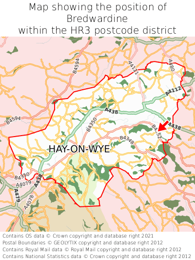 Map showing location of Bredwardine within HR3