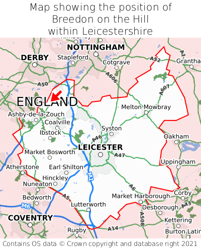 Map showing location of Breedon on the Hill within Leicestershire