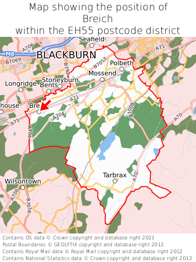 Map showing location of Breich within EH55
