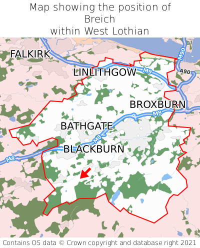 Map showing location of Breich within West Lothian