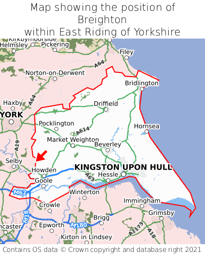Map showing location of Breighton within East Riding of Yorkshire
