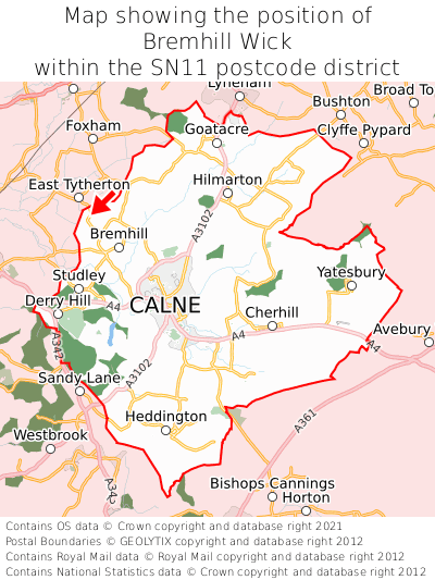 Map showing location of Bremhill Wick within SN11