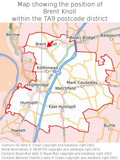 Map showing location of Brent Knoll within TA9
