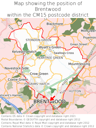 Map showing location of Brentwood within CM15