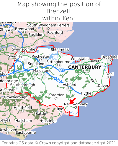 Map showing location of Brenzett within Kent