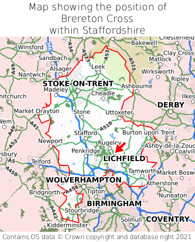 Map showing location of Brereton Cross within Staffordshire