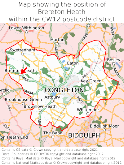 Map showing location of Brereton Heath within CW12