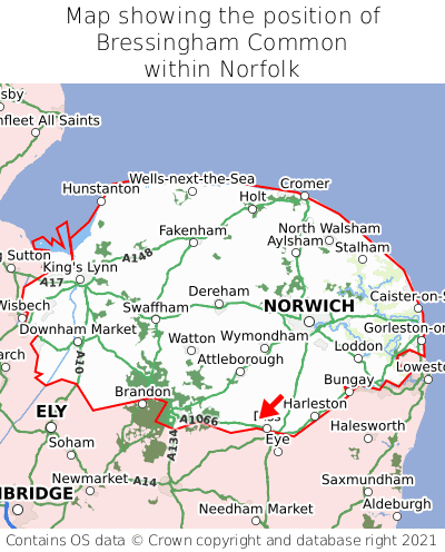 Map showing location of Bressingham Common within Norfolk