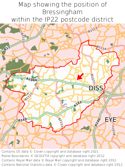 Map showing location of Bressingham within IP22
