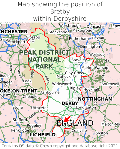 Map showing location of Bretby within Derbyshire