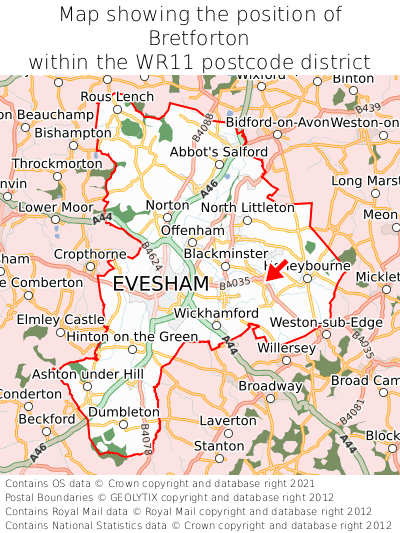 Map showing location of Bretforton within WR11