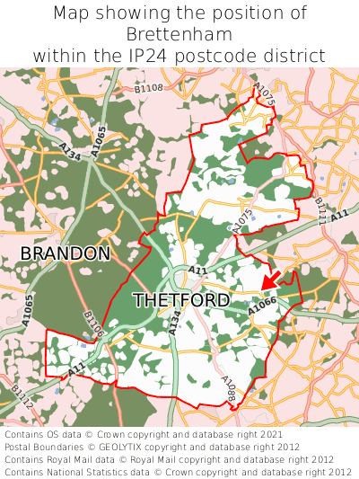 Map showing location of Brettenham within IP24