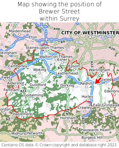 Map showing location of Brewer Street within Surrey