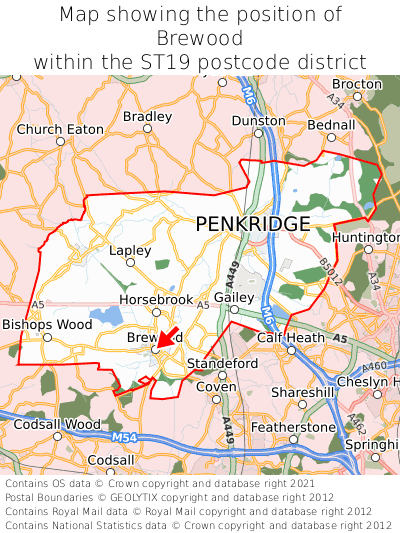 Map showing location of Brewood within ST19
