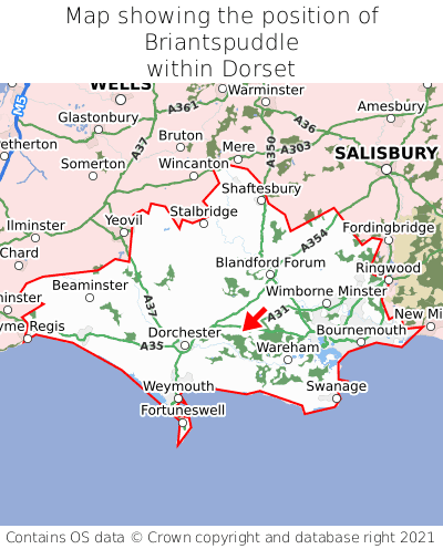 Map showing location of Briantspuddle within Dorset
