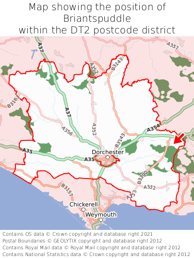 Map showing location of Briantspuddle within DT2