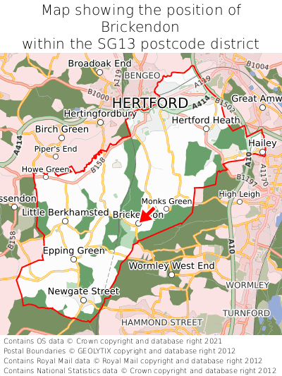 Map showing location of Brickendon within SG13