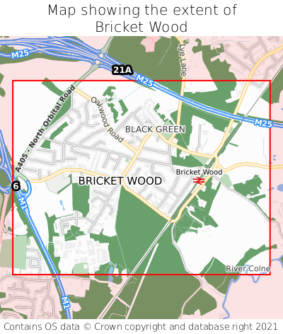 Map showing extent of Bricket Wood as bounding box