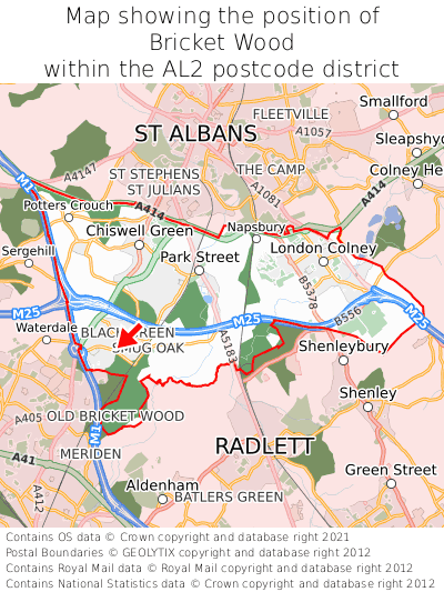 Map showing location of Bricket Wood within AL2
