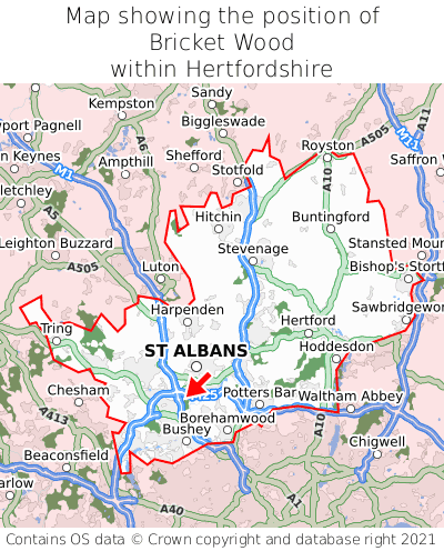 Map showing location of Bricket Wood within Hertfordshire