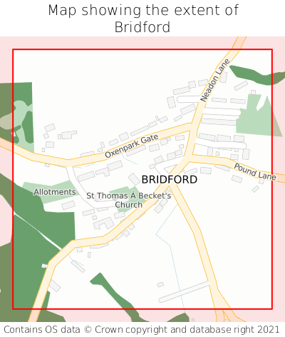 Map showing extent of Bridford as bounding box