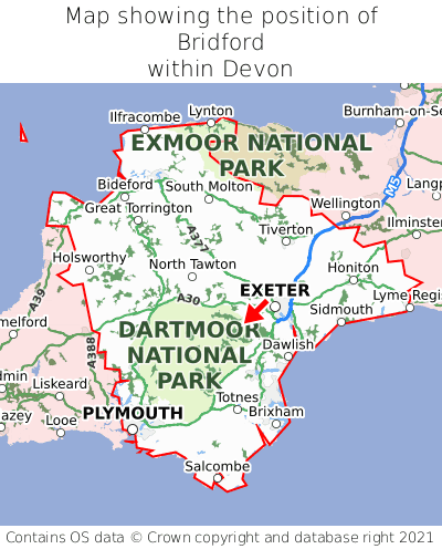 Map showing location of Bridford within Devon