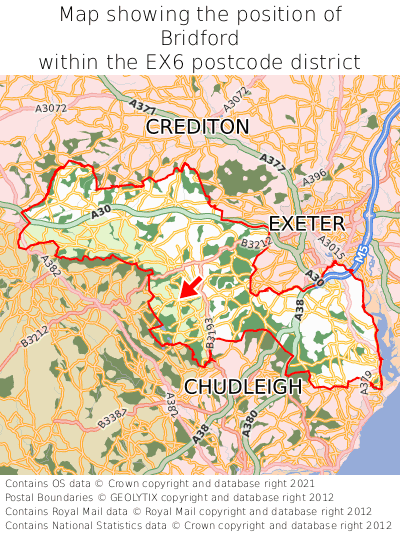 Map showing location of Bridford within EX6